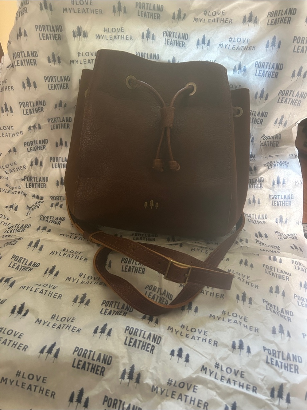 Portland Leather Chestnut Brown Drawstring Crossbody Bucket Bag